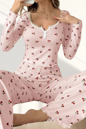 Cherry Print V-neck Shirt Long Pants Two-Piece Set Pajamas
