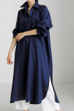 Cotton Linen Solid Color Lapel Long Sleeved Shirt Dress