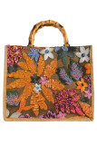 Linen Sequin Embroidered Large Capacity Bamboo Knot Handbag