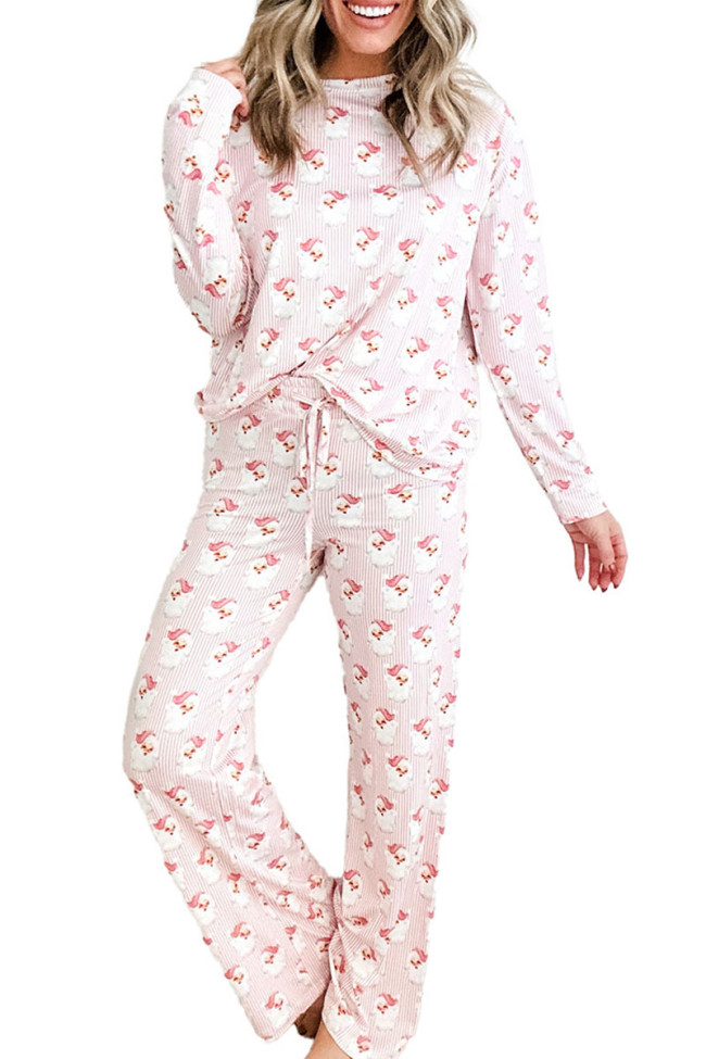 Cartoon Print Round Neck Long Sleeve Shirt Pants Two-Piece Set