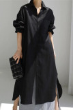 Cotton Linen Solid Color Lapel Long Sleeved Shirt Dress