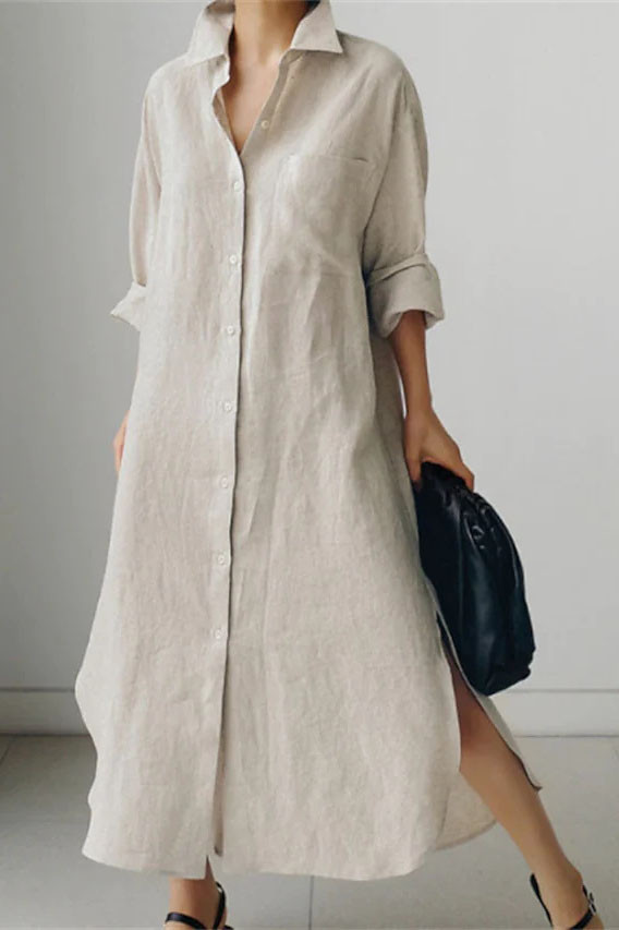 Cotton Linen Solid Color Lapel Long Sleeved Shirt Dress