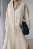 Cotton Linen Solid Color Lapel Long Sleeved Shirt Dress