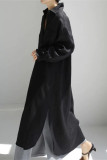 Cotton Linen Solid Color Lapel Long Sleeved Shirt Dress