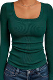 Solid Color Square Neck Slim Fit Long Sleeved T-Shirt
