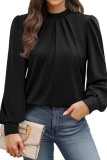 High Neck Solid Color Pleated Long Sleeved T-Shirt