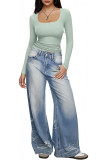 Solid Color Square Neck Long Sleeved Slim T-Shirt