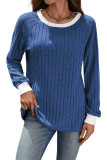 Round Neck Contrasting Long Sleeved Striped Sweater