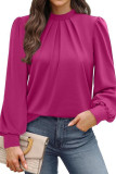 High Neck Solid Color Pleated Long Sleeved T-Shirt