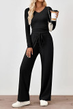 Solid Color V-Neck Long Sleeved T-Shirt Pants Two-Piece Set