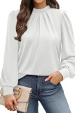 High Neck Solid Color Pleated Long Sleeved T-Shirt