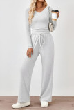 Solid Color V-Neck Long Sleeved T-Shirt Pants Two-Piece Set
