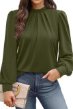 High Neck Solid Color Pleated Long Sleeved T-Shirt
