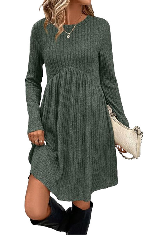 Solid Color Loose Long Sleeved Irregular Waist Cinching Dress