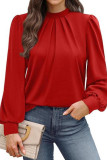 High Neck Solid Color Pleated Long Sleeved T-Shirt