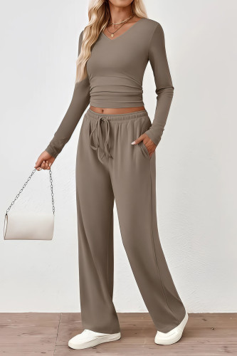 Solid Color V-Neck Long Sleeved T-Shirt Pants Two-Piece Set
