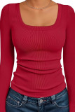 Solid Color Square Neck Slim Fit Long Sleeved T-Shirt