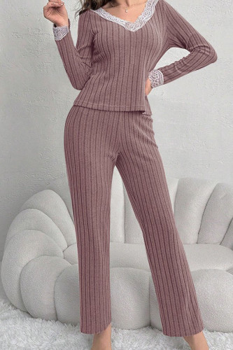 V-neck Lace T-Shirt Wide Leg Pants Two-Piece Set