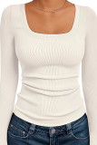 Solid Color Square Neck Slim Fit Long Sleeved T-Shirt