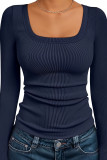 Solid Color Square Neck Slim Fit Long Sleeved T-Shirt