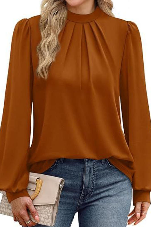 High Neck Solid Color Pleated Long Sleeved T-Shirt
