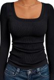 Solid Color Square Neck Slim Fit Long Sleeved T-Shirt