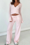 Solid Color V-Neck Shirt High Waisted Pants Two-Piece Set