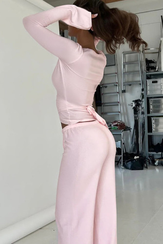 Solid Color V-Neck Shirt High Waisted Pants Two-Piece Set