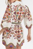 V-Neck Lantern Sleeve Printed Waist Cinching Dress