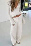 Solid Color V-Neck Shirt High Waisted Pants Two-Piece Set