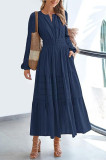 V-Neck Pleat Waist Cinching Long Sleeved Dress