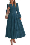 V-Neck Pleat Waist Cinching Long Sleeved Dress