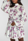 Printed Round Neck Lantern Long Sleeved Dress