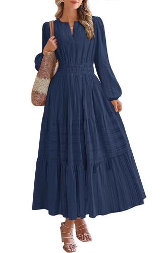 V-Neck Pleat Waist Cinching Long Sleeved Dress