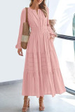 V-Neck Pleat Waist Cinching Long Sleeved Dress