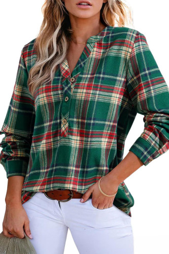 V-Neck Checkered Printed Long Sleeved Shirt