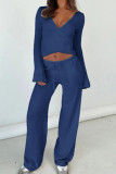 Solid Color V-Neck Shirt High Waisted Pants Two-Piece Set