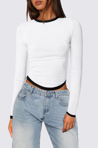 Long Sleeved Round Neck Slim Fit Contrasting Color Shirt