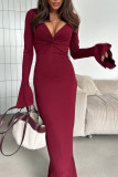 Solid Color Ruffled Long Sleeved V-Neck Dress