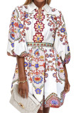 V-Neck Lantern Sleeve Printed Waist Cinching Dress