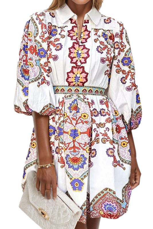 V-Neck Lantern Sleeve Printed Waist Cinching Dress
