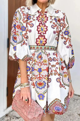 V-Neck Lantern Sleeve Printed Waist Cinching Dress