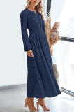 V-Neck Pleat Waist Cinching Long Sleeved Dress