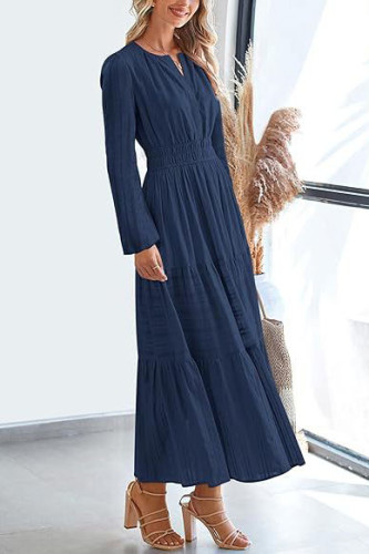 V-Neck Pleat Waist Cinching Long Sleeved Dress