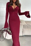 Solid Color Ruffled Long Sleeved V-Neck Dress