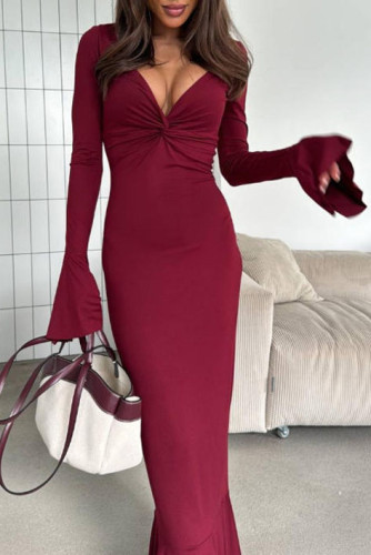 Solid Color Ruffled Long Sleeved V-Neck Dress