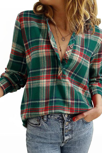 V-Neck Checkered Printed Long Sleeved Shirt