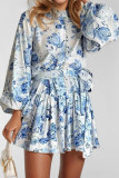 Printed Round Neck Lantern Long Sleeved Dress