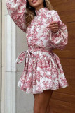 Printed Round Neck Lantern Long Sleeved Dress