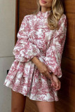 Printed Round Neck Lantern Long Sleeved Dress